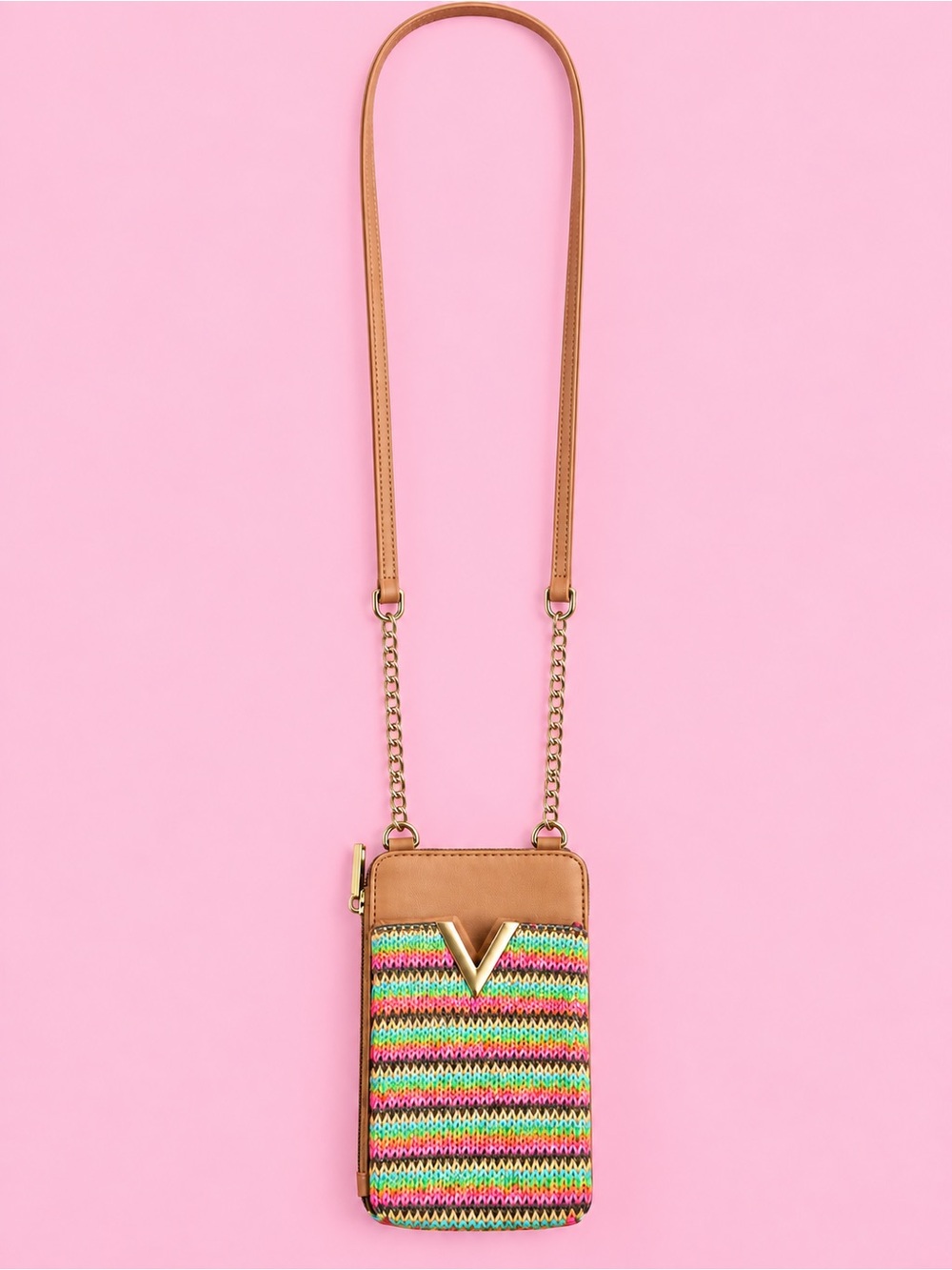 Tan Multicolor Knit Crossbody Phone Bag with Gold V Accent